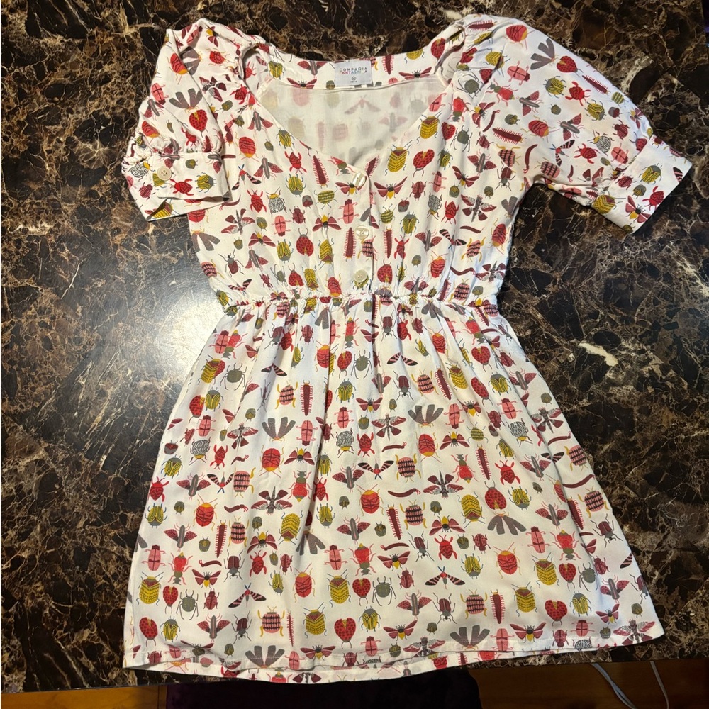Compania Fantastica Dress Size M Bug Insect Print Short Sleeve Button Novelty